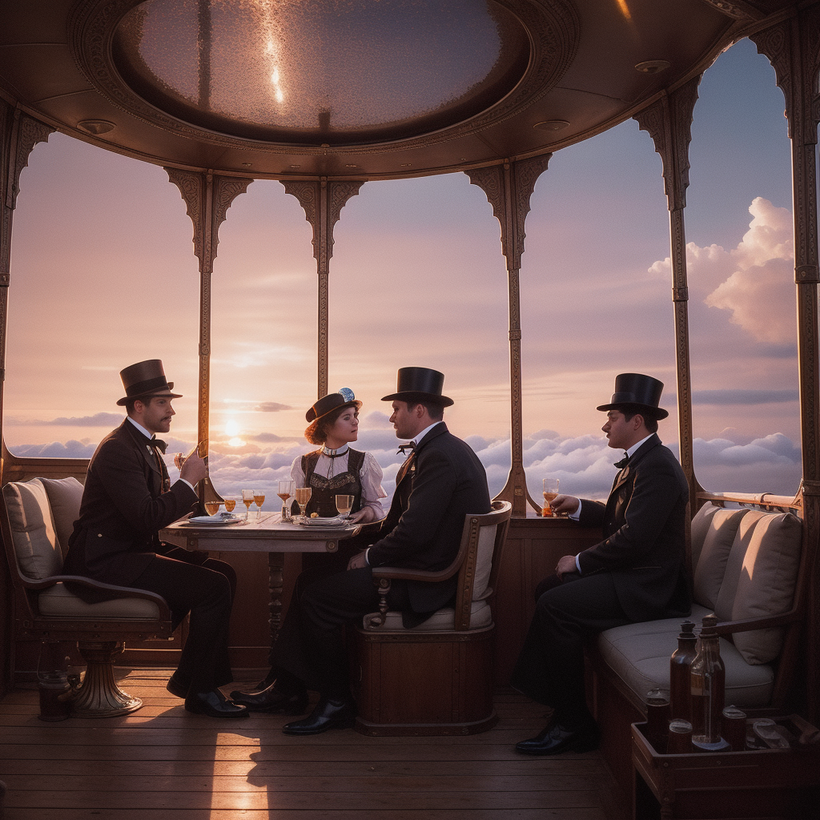 An AI generated image. A group consisting of three men and one woman watch the sunset whilst sitting on a the deck of a steampunk airship that floats above the clouds. 

