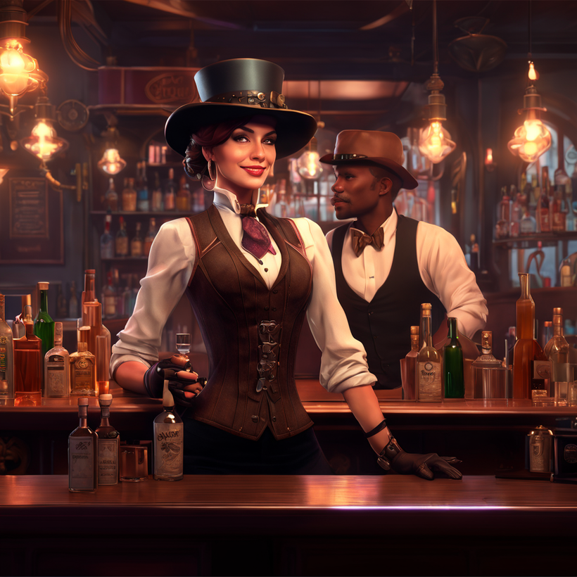 AI generated image of a female bartender and her male associate working behind the bar. The female bartender smiles towards the camera while the male bartender profile is in view.