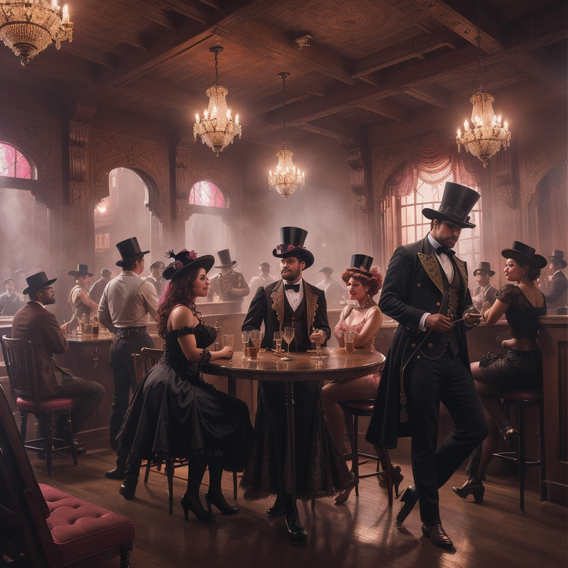 AI image of a man and woman in Victorian clothing sitting at a table while having a conversation over drinks. A third man walks away.